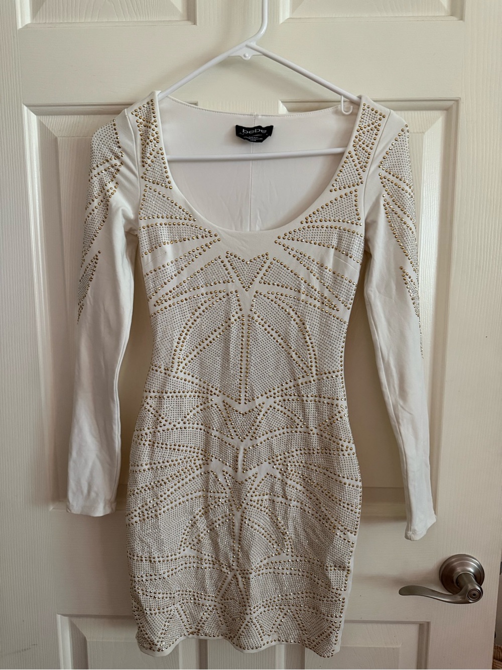 bebe Ivory Long-Sleeve Studded Scoop-Neck Bodycon Dress